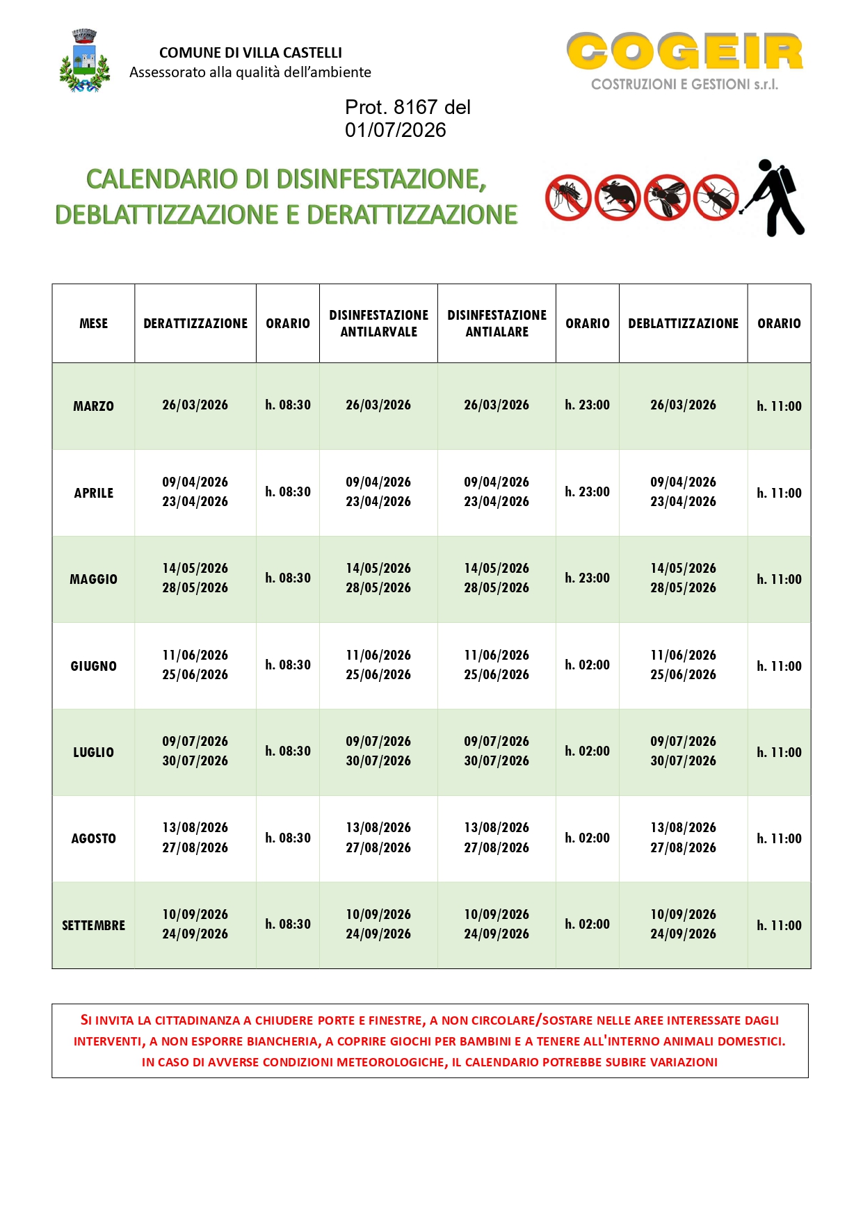 Calendario Disinfestazione 2026